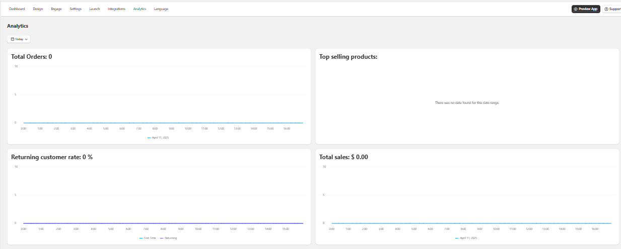 App analytics dashboard with metrics and date range filter