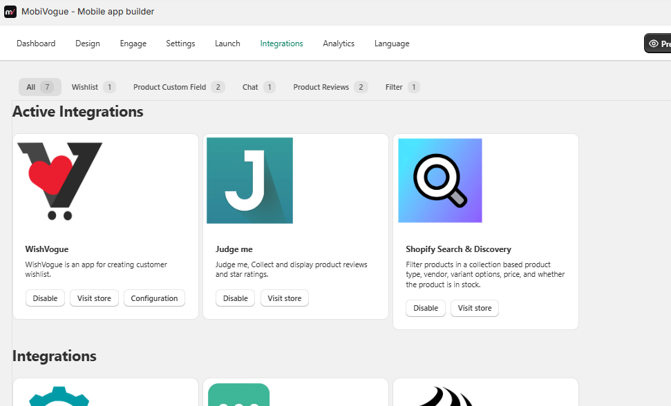 Shopify app integrations in the MobiVogue mobile app interface
