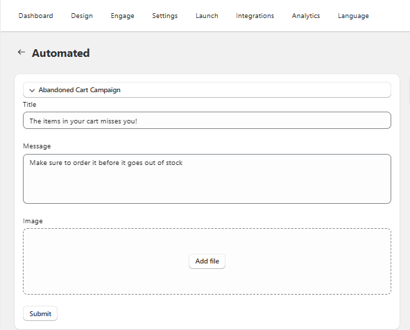 Abandoned cart notification campaign in the dashboard