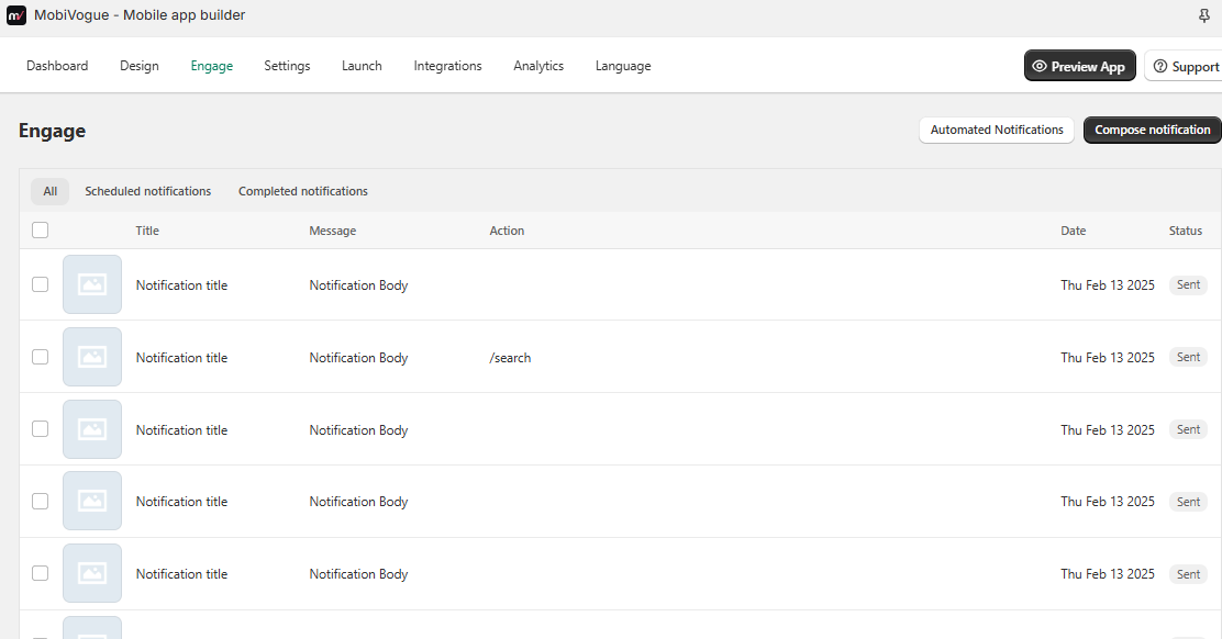 Sent and pending notification list