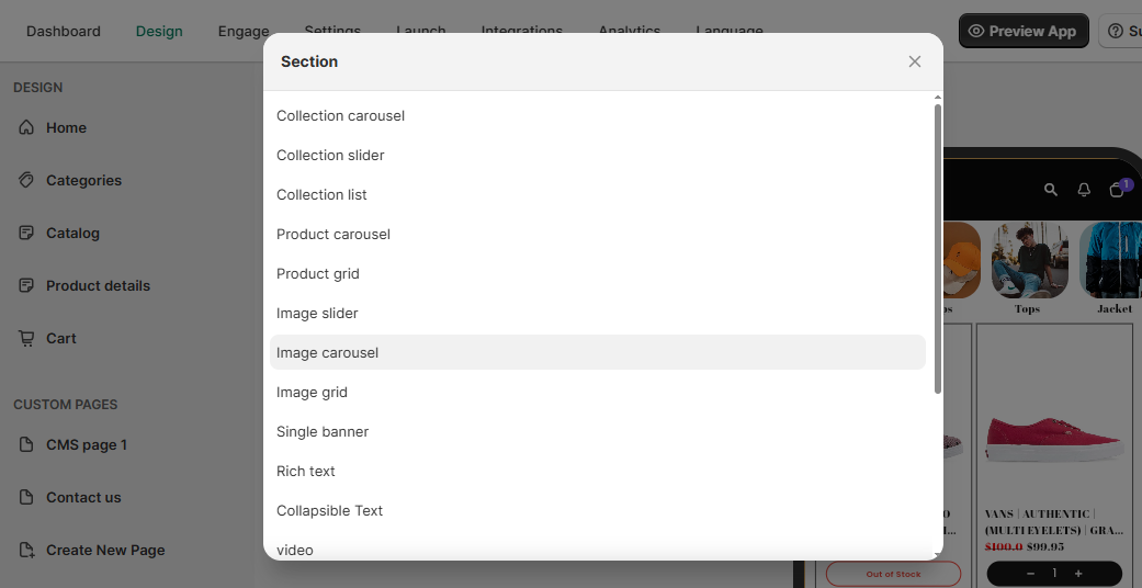 Custom Page 2 Section options for custom pages in the dashboard