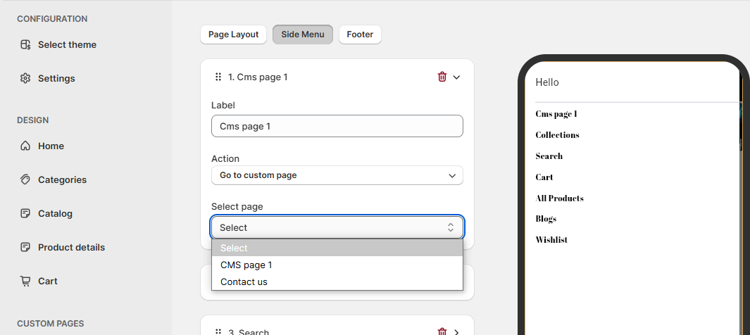 Custom Page 4 Custom page navigation: Label, Action, and Select Page