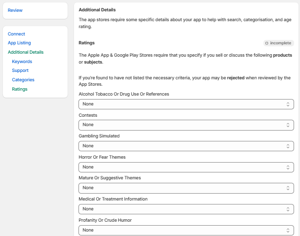 App content rating and age rating fields