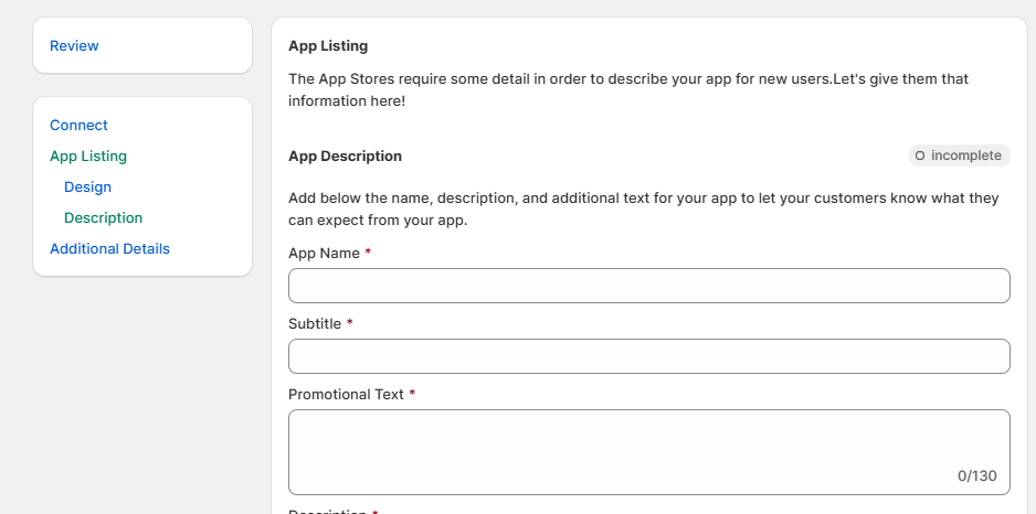 App name and description fields for store listing