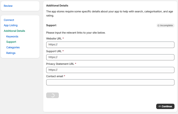 Support and website URLs for app listing