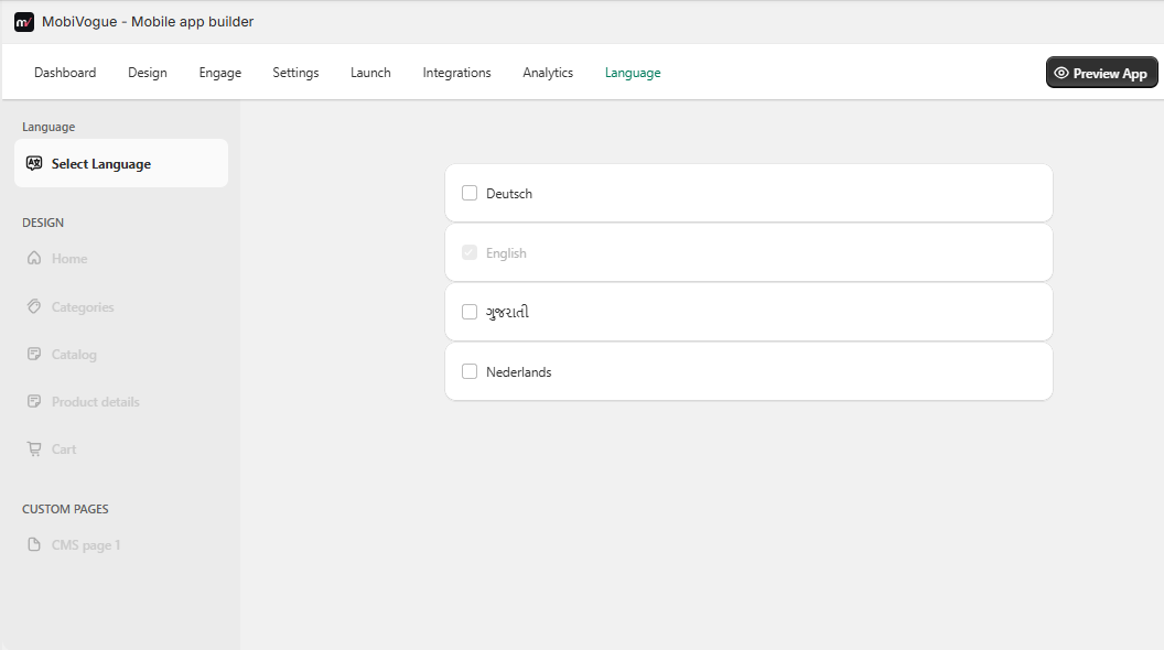 Language settings and supported languages in MobiVogue admin
